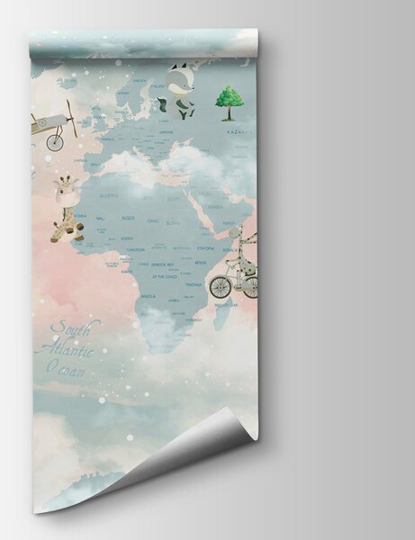 Fototapeta Mapa świata z chmurami i zwierzętami, Fototapety Dziecięce, Popularne Fototapety, u99226 - Tapeko.pl