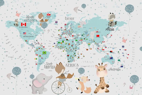 Fototapeta Mapa świata ze zwierzętami, Fototapety Dziecięce, Popularne Fototapety, u99228 - Tapeko.pl