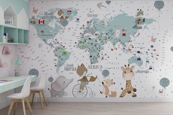 Fototapeta Mapa świata ze zwierzętami, Fototapety Dziecięce, Popularne Fototapety, u99228 - Tapeko.pl
