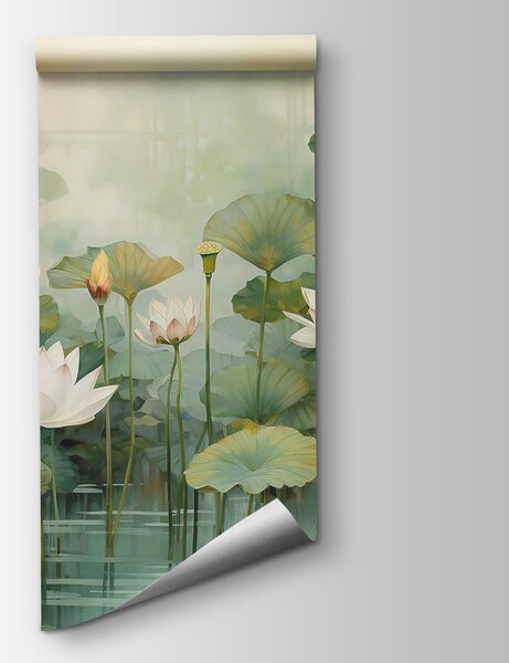 Fototapeta Białe kwiaty i zielone liście w stawie, Fototapety Natura, Popularne Fototapety, u99454 - Tapeko.pl