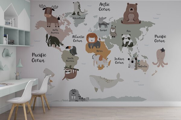 Fototapeta Mapa zwierząt z tekstem, Fototapeta Mapa Świata dla Dzieci, Popularne Fototapety, u99161 - Tapeko.pl