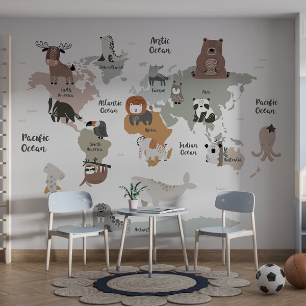 Fototapeta Mapa zwierząt z tekstem, Fototapeta Mapa Świata dla Dzieci, Popularne Fototapety, u99161 - Tapeko.pl