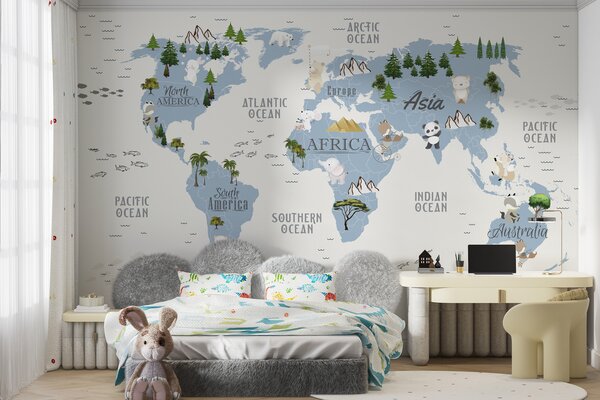 Fototapeta Mapa świata ze zwierzętami i ptakami, Fototapeta Mapa Świata dla Dzieci, Popularne Fototapety, u99440 - Tapeko.pl