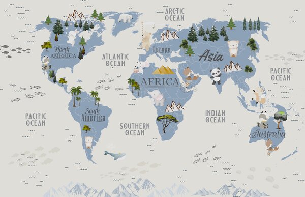 Fototapeta Mapa świata ze zwierzętami i ptakami, Fototapeta Mapa Świata dla Dzieci, Popularne Fototapety, u99440 - Tapeko.pl