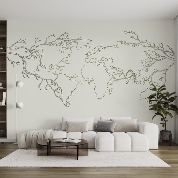 Fototapety Mapa świata, gałęzie drzew, rysunek liniowy, minimalizm, natura, zieleń, Fototapety designerskie, u99731v1 : Uwalls.pl