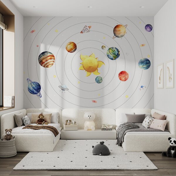 Fototapety Układ słoneczny, planety, słońce, rakieta, ufo, satelita, gwiazdy, białe tło , Fototapety Dziecięce, w00214 : Uwalls.pl