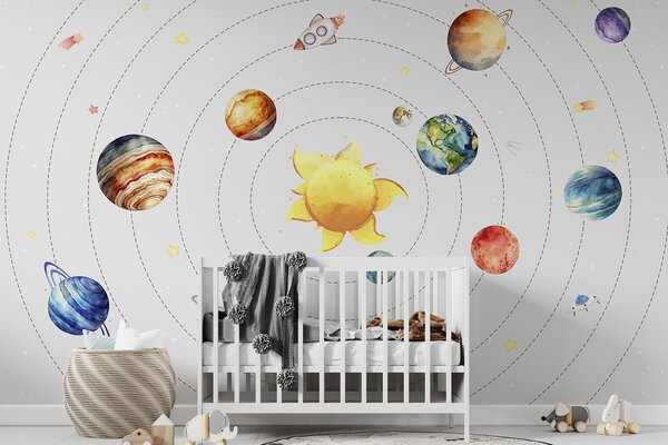Fototapety Układ słoneczny, planety, słońce, rakieta, ufo, satelita, gwiazdy, białe tło , Fototapety Dziecięce, w00214 : Uwalls.pl