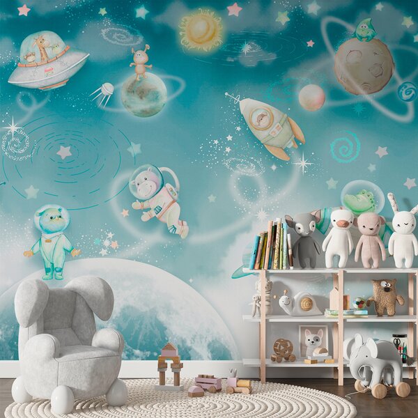 Fototapeta Kreskówkowa scena kosmiczna z planetami i gwiazdami, Fototapety Kosmos, Popularne Fototapety, w00343 - Tapeko.pl