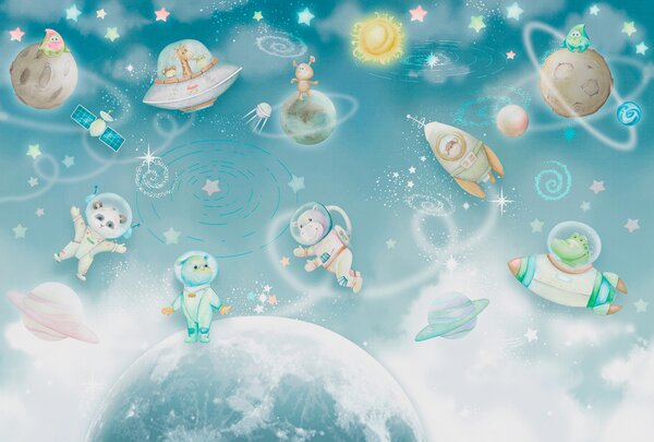 Fototapeta Kreskówkowa scena kosmiczna z planetami i gwiazdami, Fototapety Kosmos, Popularne Fototapety, w00343 - Tapeko.pl