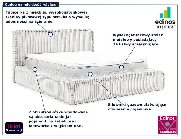 Jasnoszare sztruksowe łóżko z wejściem USB 5 rozmiarów E5-L96