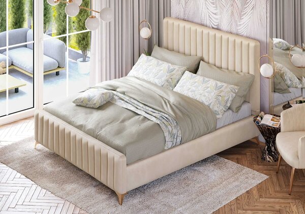 MebleMWM Łóżko tapicerowane BELANIA (SF1023P) w stylu Glamour | 160x200 | Welur | Beżowy