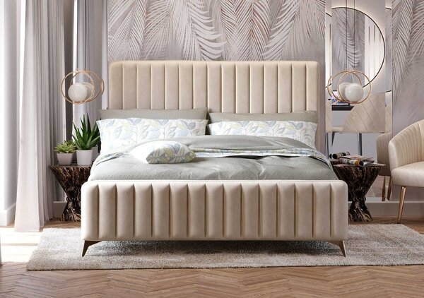 MebleMWM Łóżko tapicerowane BELANIA (SF1023P) w stylu Glamour | 160x200 | Welur | Beżowy