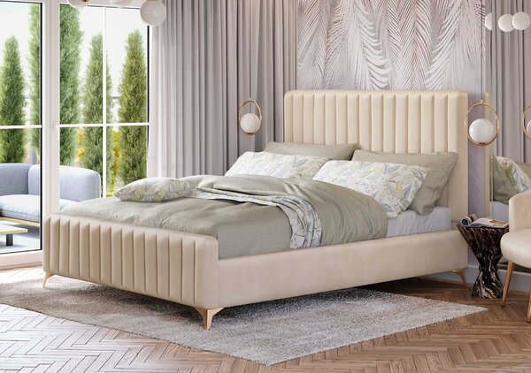 MebleMWM Łóżko tapicerowane BELANIA (SF1023P) w stylu Glamour | 160x200 | Welur | Beżowy