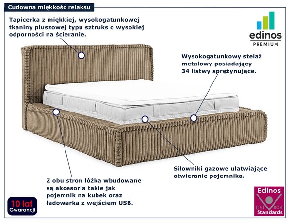 Brązowe łóżko sztruksowe z USB 5 rozmiarów D3-L76