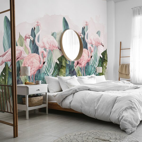 Fototapety Flamingi w tropikalnych liściach, akwarela, różowe i zielone kolory, Fototapety Zwierzęta, Fototapety Flamingi, w00505 : Uwalls.pl