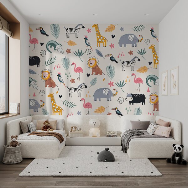 Fototapety zwierzęta, lwy, żyrafy, słonie, liście, pokój dziecięcy, Fototapety Dziecięce, w00555 : Uwalls.pl