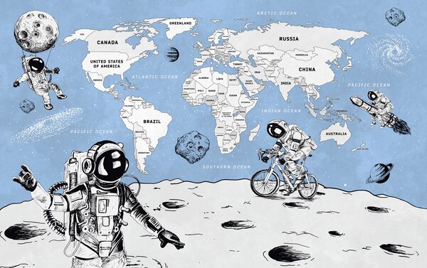 Fototapeta Rysunek przedstawiający dwóch astronautów na Księżycu, Fototapety z mapami świata, Popularne Fototapety, w00473 - Tapeko.pl