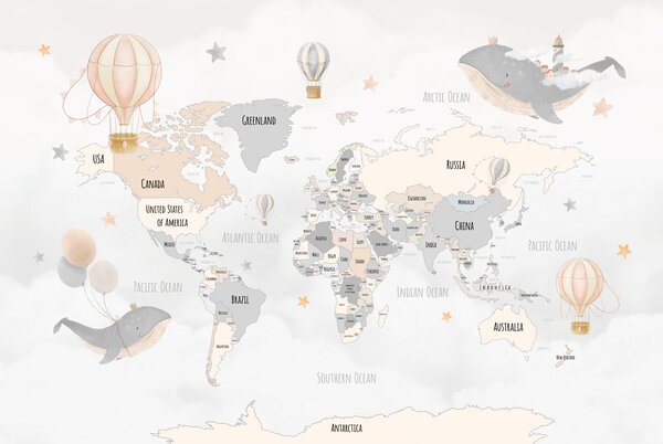 Fototapeta Mapa świata z balonami na ogrzane powietrze, Fototapety z mapami świata, Popularne Fototapety, w00680v1 - Tapeko.pl
