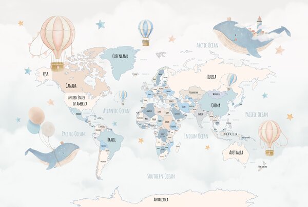 Fototapeta Mapa świata z balonami na ogrzane powietrze, Fototapety z mapami świata, Popularne Fototapety, w00680v2 - Tapeko.pl