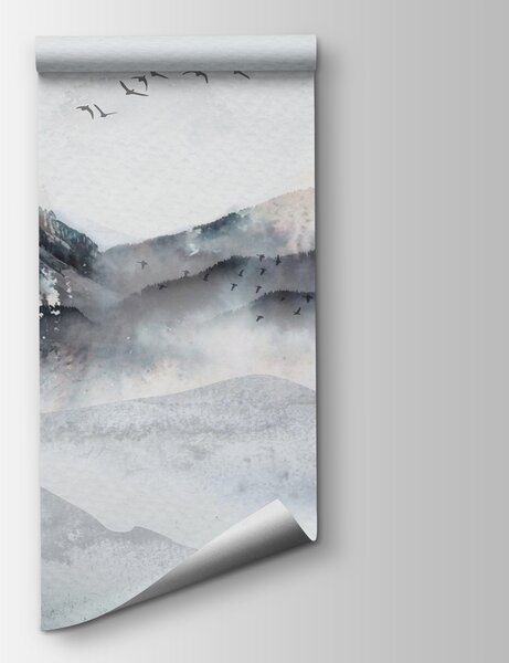 Fototapeta Obraz przedstawiający pasmo górskie z przelatującymi nad nim ptakami, Fototapety akwarelowa na ścianie, Popularne Fototapety, w00707 - Tapeko.pl