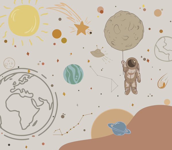 Fototapeta Kreskówka przedstawiająca astronautę trzymającego planetę w kosmosie, Fototapety Kosmos, Popularne Fototapety, w00743 - Tapeko.pl