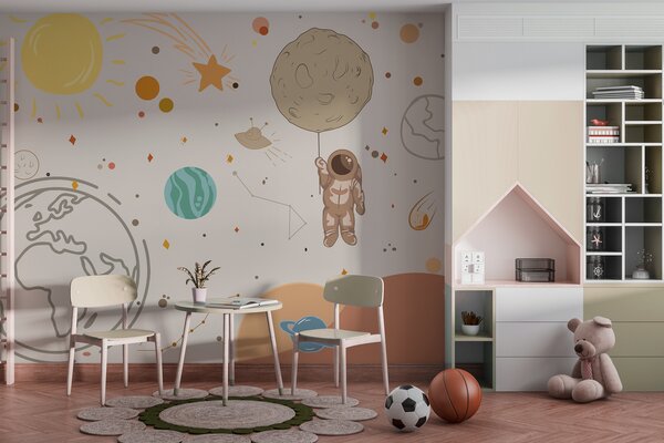 Fototapeta Kreskówka przedstawiająca astronautę trzymającego planetę w kosmosie, Fototapety Kosmos, Popularne Fototapety, w00743 - Tapeko.pl