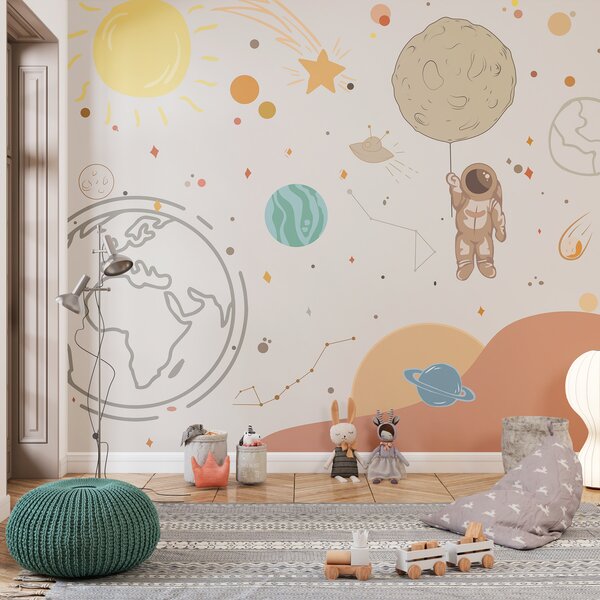 Fototapeta Kreskówka przedstawiająca astronautę trzymającego planetę w kosmosie, Fototapety Kosmos, Popularne Fototapety, w00743 - Tapeko.pl