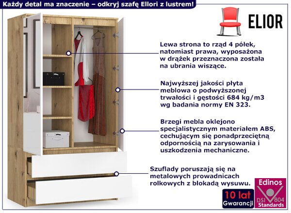 Skandynawska szafa z lustrem dąb artisan + biały Z2-L88