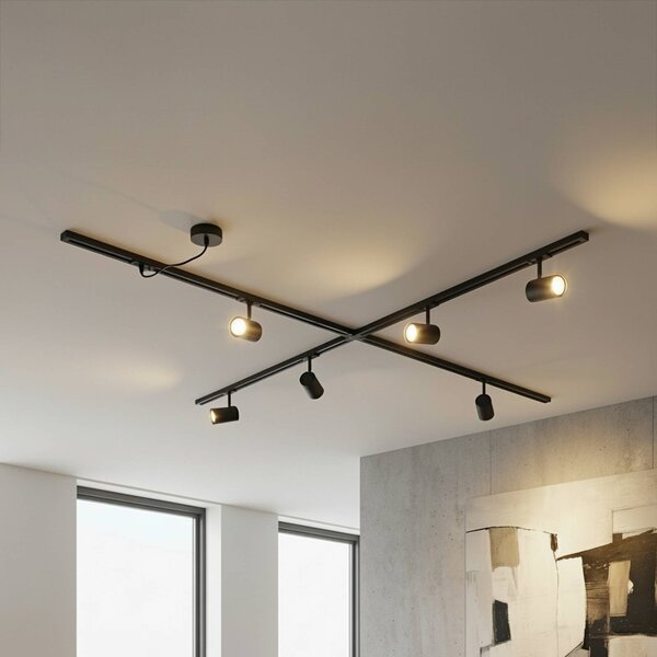 System szynowy Lindby Linaro, GU10, 6-punktowa, czarny, kształt X Linaro, czarny, salon / jadalnia, aluminium, nowoczesny