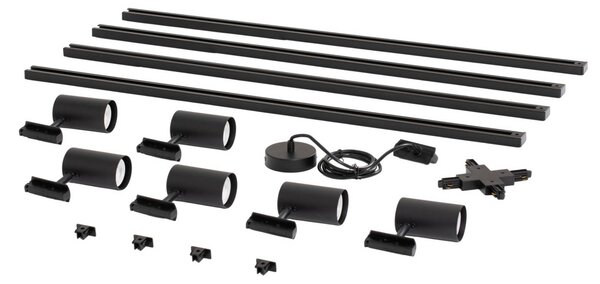 System szynowy Lindby Linaro, GU10, 6-punktowa, czarny, kształt X Linaro, czarny, salon / jadalnia, aluminium, nowoczesny
