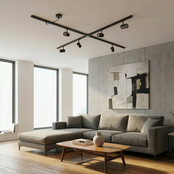 System szynowy Lindby Linaro, GU10, 6-punktowa, czarny, kształt X Linaro, czarny, salon / jadalnia, aluminium, nowoczesny