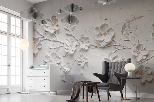 Fototapety Białe teksturowane tło z trójwymiarowymi białymi kwiatami w pełnym rozkwicie,, Fototapety 3D, Fototapety 3d Kwiaty, w01226 : Uwalls.pl