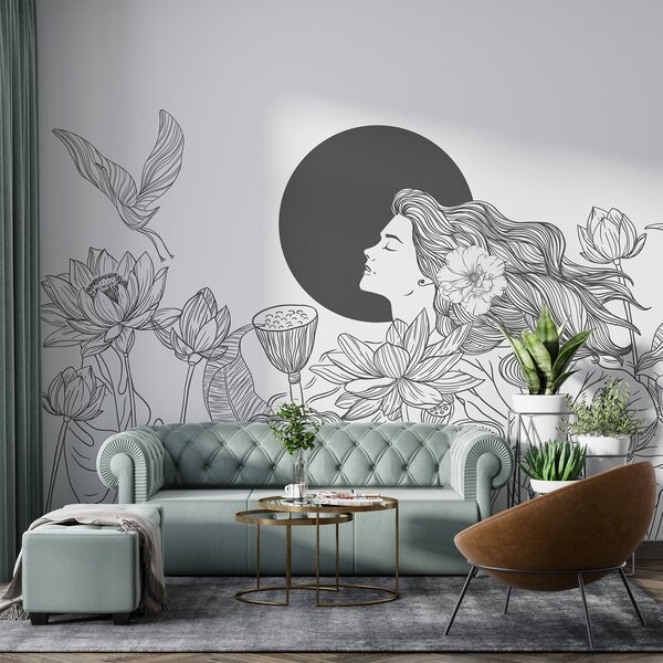 Fototapety Kobieta w naturze, rysunek linii, kwiaty lotosu, duże liście, latające ptaki, szary kolor, Fototapety Kwiaty, w07988v2 : Uwalls.pl