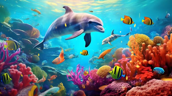 Fototapeta Delfin pływający w rafie koralowej, Fototapety Dziecięce, Popularne Fototapety, u94773 - Tapeko.pl