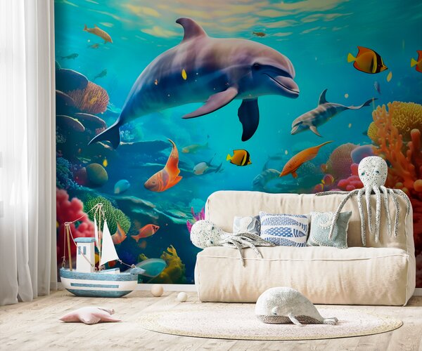 Fototapeta Delfin pływający w rafie koralowej, Fototapety Dziecięce, Popularne Fototapety, u94773 - Tapeko.pl