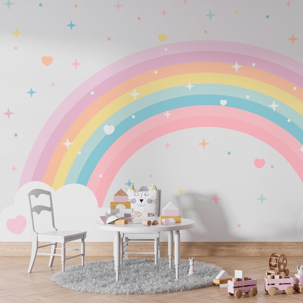 Fototapety Kolorowa tęcza z gwiazdami i sercami w stylu skandynawskim, Fototapety Dziecięce, Fototapeta tęcza dla dzieci, w08109 : Uwalls.pl