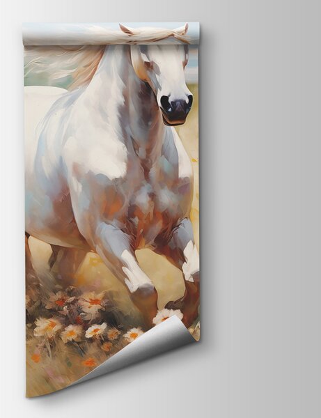 Fototapeta Biały koń biegnący przez pole kwiatów, Fototapety Natura, Popularne Fototapety, w08118 - Tapeko.pl