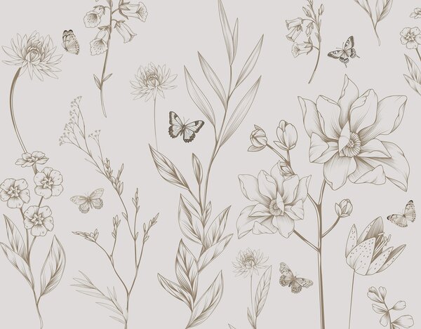 Fototapety Boho Monochromatyczne Kwiaty i Motyle w beżowym kolorze, Fototapety Zwierzęta, Fototapety Motyle, w08088v1 : Uwalls.pl