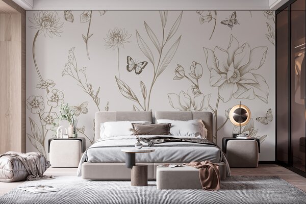 Fototapety Boho Monochromatyczne Kwiaty i Motyle w beżowym kolorze, Fototapety Zwierzęta, Fototapety Motyle, w08088v1 : Uwalls.pl