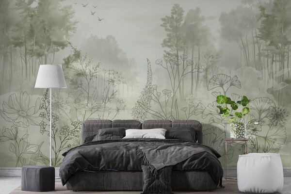 Fototapety Krajobraz leśny z dzikimi kwiatami, grafiką liniową, realizmem,, Fototapety Dziecięce, Fototapety las dla dzieci, w08142v1 : Uwalls.pl