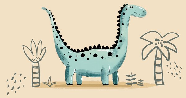 Fototapeta Kreskówkowy dinozaur z roślinami i liśćmi, Fototapety Dinozaury, Popularne Fototapety, w01357v1 - Tapeko.pl