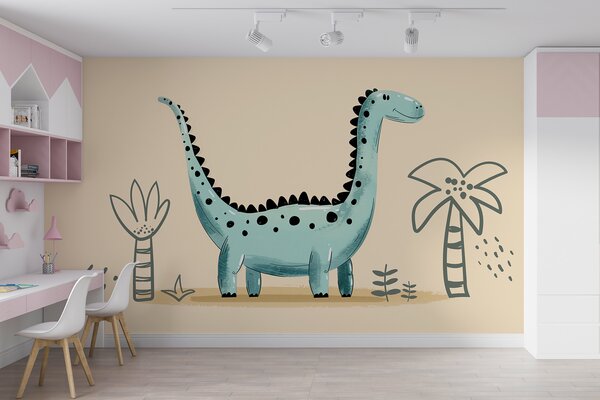 Fototapeta Kreskówkowy dinozaur z roślinami i liśćmi, Fototapety Dinozaury, Popularne Fototapety, w01357v1 - Tapeko.pl