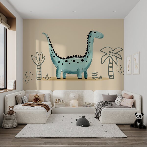 Fototapeta Kreskówkowy dinozaur z roślinami i liśćmi, Fototapety Dinozaury, Popularne Fototapety, w01357v1 - Tapeko.pl