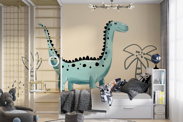 Fototapeta Kreskówkowy dinozaur z roślinami i liśćmi, Fototapety Dinozaury, Popularne Fototapety, w01357v1 - Tapeko.pl