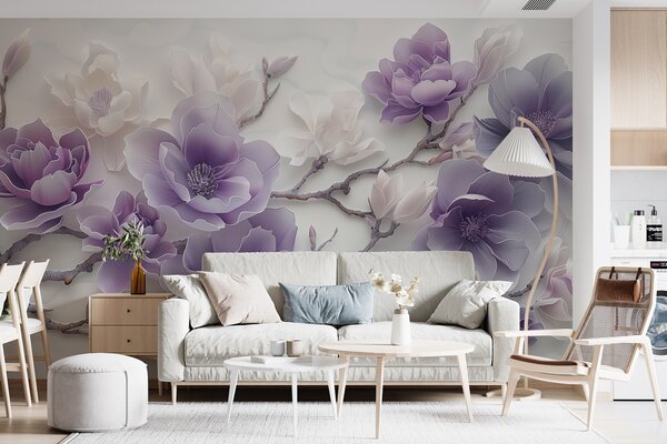 Fototapety Fioletowe tłoczone kwiaty magnolii na delikatnej gałęzi, Fototapety Kwiaty, w01359 : Uwalls.pl