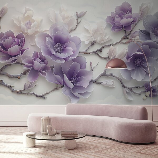 Fototapety Fioletowe tłoczone kwiaty magnolii na delikatnej gałęzi, Fototapety Kwiaty, w01359 : Uwalls.pl