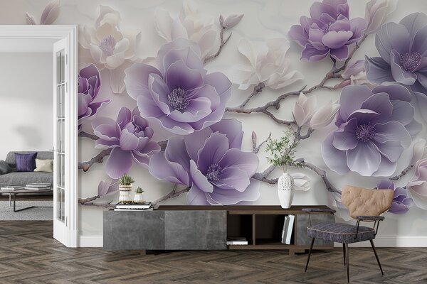 Fototapety Fioletowe tłoczone kwiaty magnolii na delikatnej gałęzi, Fototapety Kwiaty, w01359 : Uwalls.pl