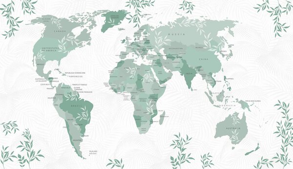 Fototapeta Mapa świata z zielonymi liśćmi, Fototapety z mapami świata, Popularne Fototapety, w08211v1 - Tapeko.pl