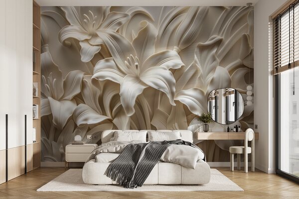 Fototapety Elegancka beżowa płaskorzeźba 3D przedstawiająca rzeźbione lilie, Fototapety 3D, Fototapety 3d Kwiaty, w01433 : Uwalls.pl