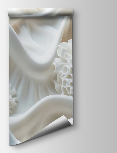 Fototapeta Biały materiał z białymi kulkami, Fototapety 3d z kwiatami, Popularne Fototapety, w01475 - Tapeko.pl